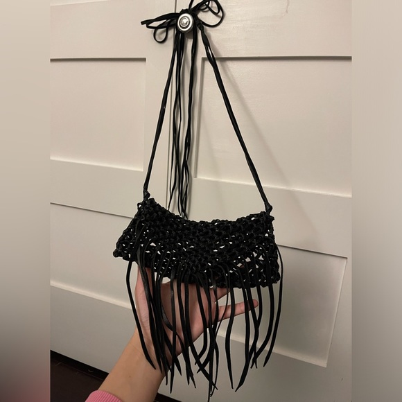 CARAVANA black leather Coyopa animal hand cut bag purse fringe straps - Picture 7 of 9